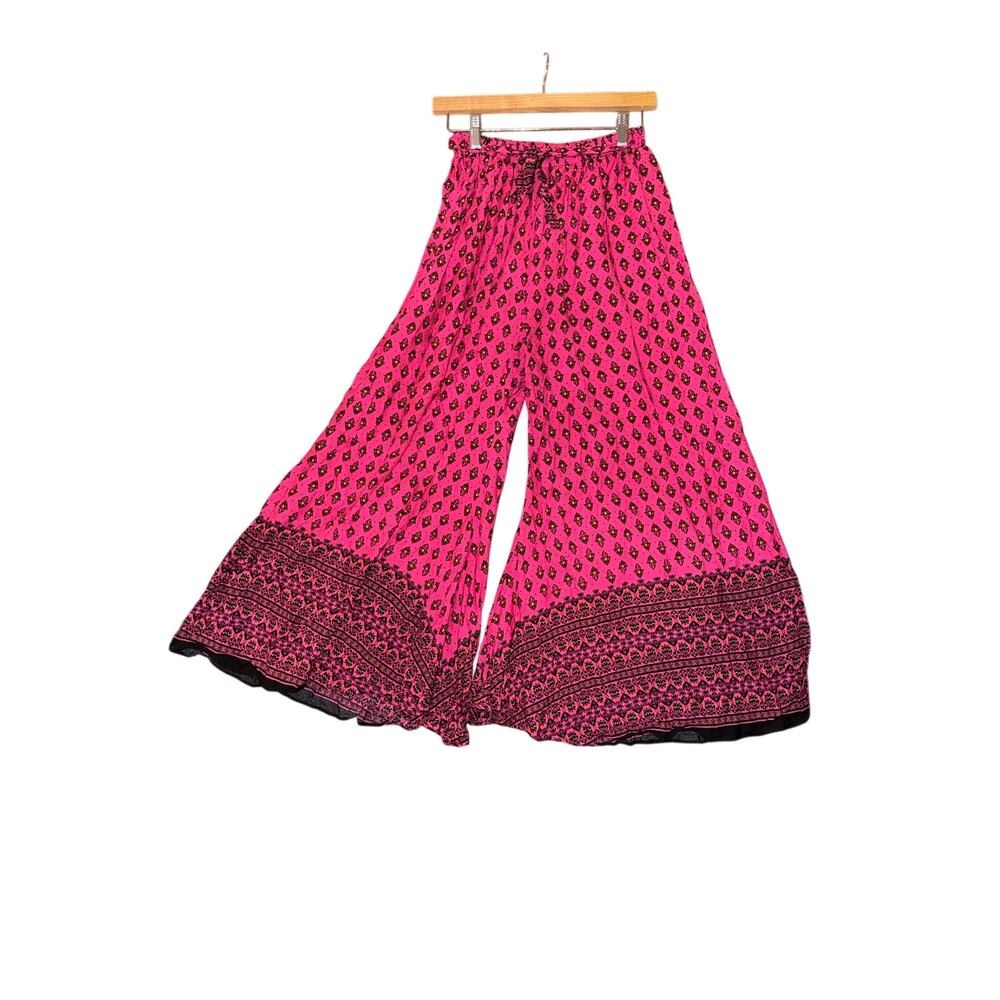 Hot pink palazzo wide leg pants India Moroccan print breezy coastal one size